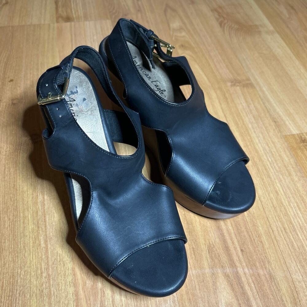 American Eagle Tansy Black Wedge Heels size 8 slingback open toe boho chic - Picture 3 of 6